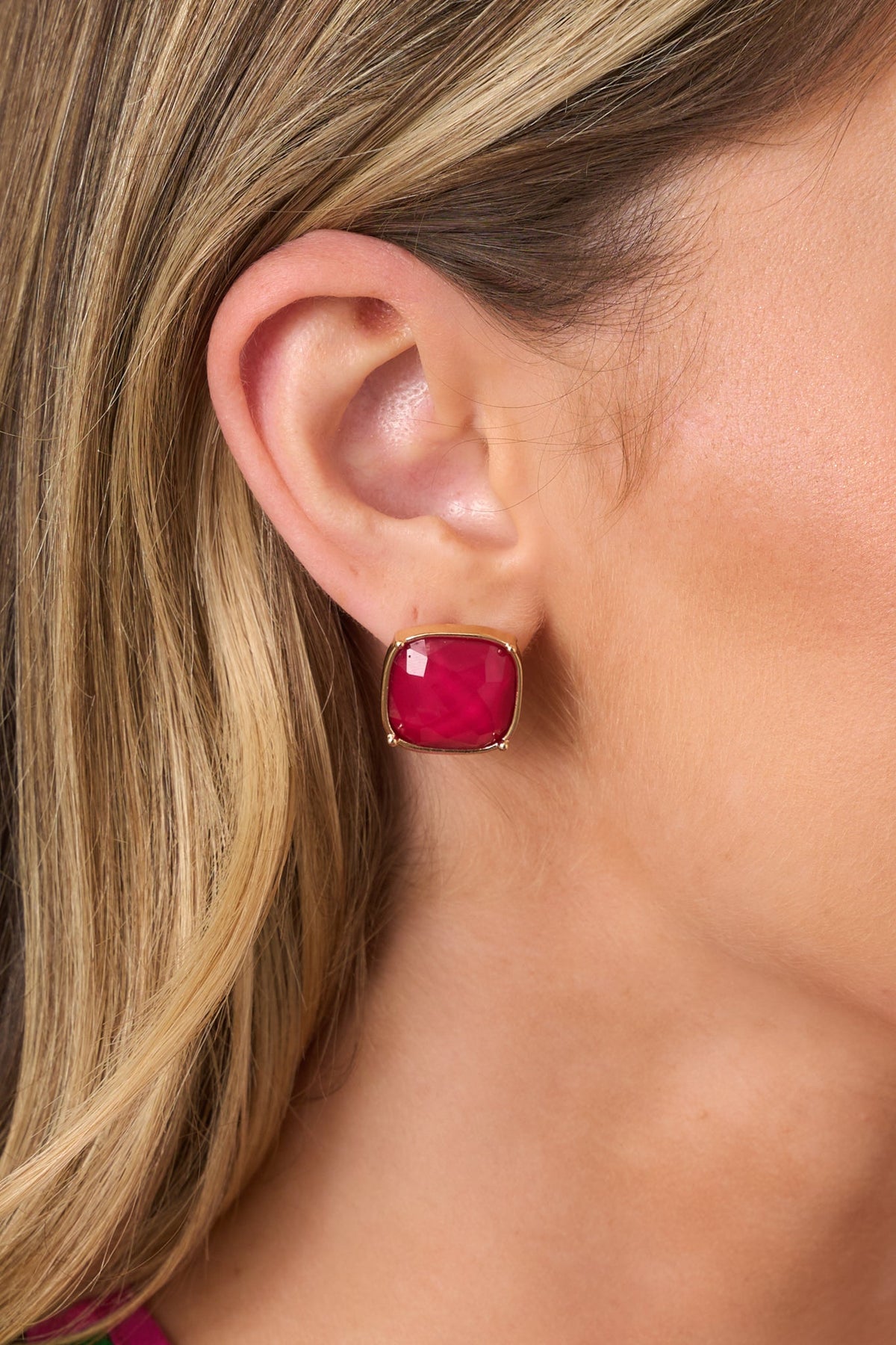 Too Cute To Cancel Gold & Cranberry Red Square Stud Earrings