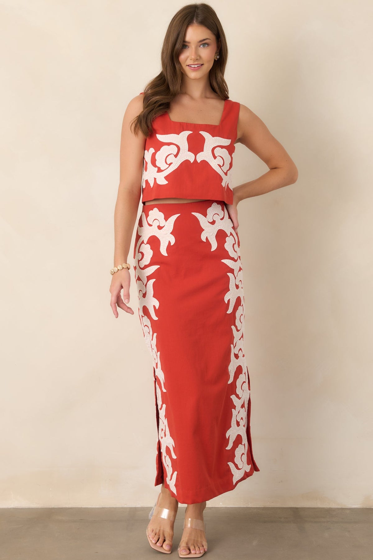 Anna Cate Blake Bright Red Cotton Appliqué Crop Top