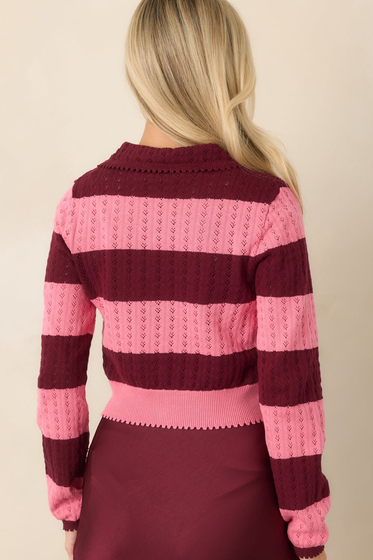 MINKPINK Lourdes Wine & Pink Stripe Cotton Pointelle Cardigan