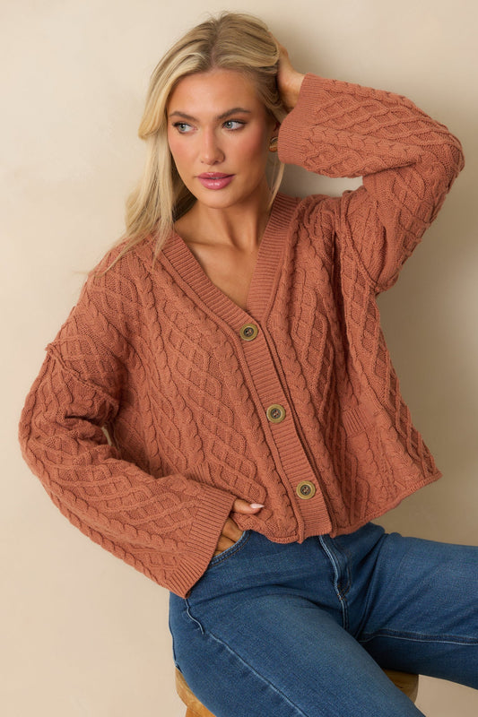 For Old Time’s Sake Terracotta Cable Knit Button Up Cardigan