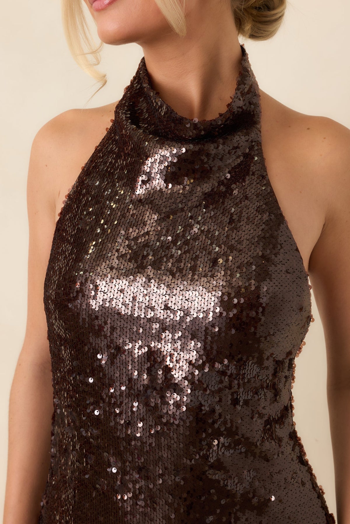 All That Glitters Chocolate Brown Sequin Halter Mini Dress