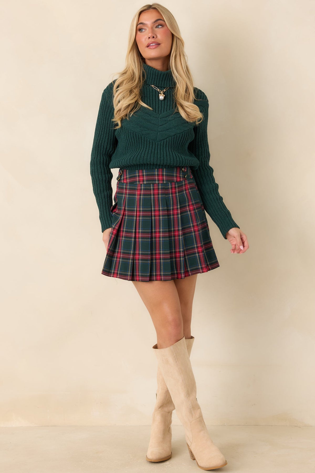 Stay Until Sunday Hunter Green Cable Detail Turtleneck Sweater