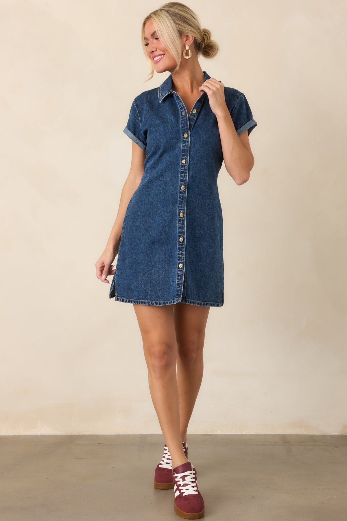 Good American Dark Wash Cotton Denim Polo Mini Dress