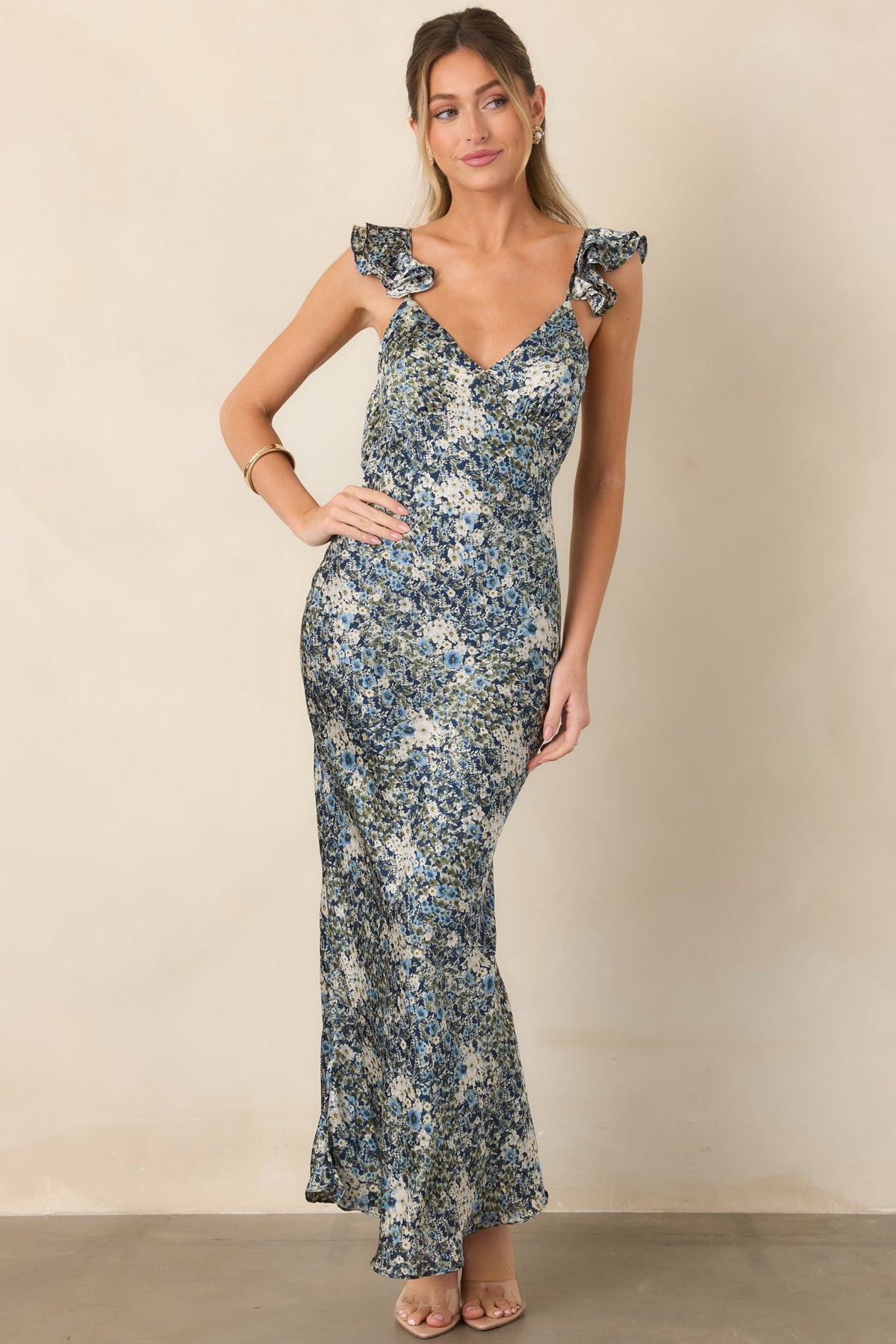 The Back Story Deep Blue Floral Satin Open Back Maxi Dress