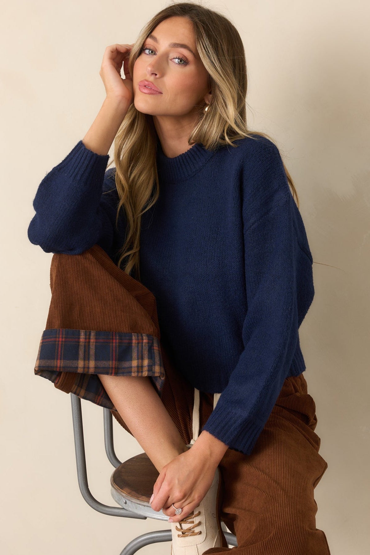 A Change of Pace Navy Cropped Knit Sweater