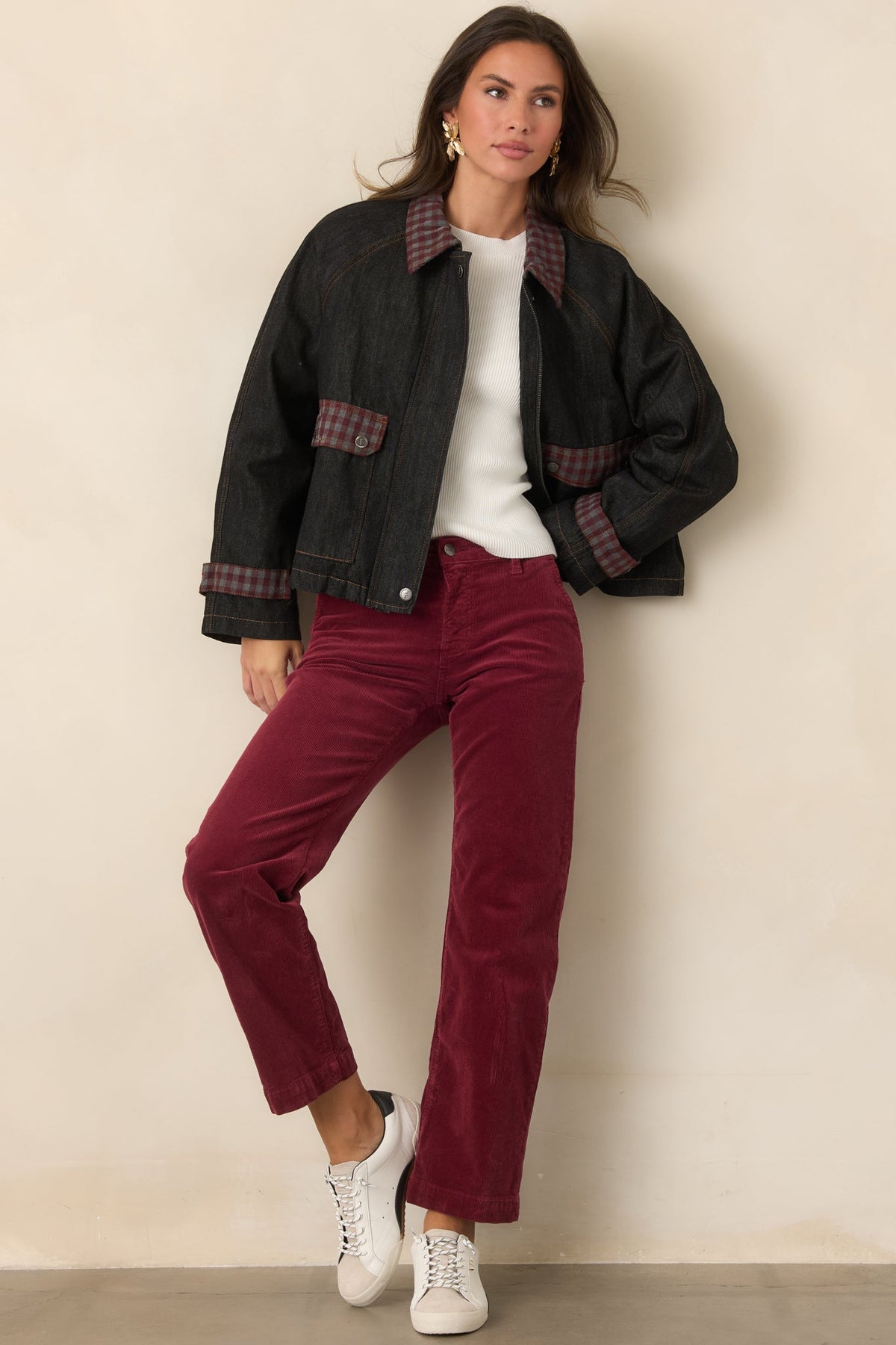 FRNCH Honshu Night Blue Gingham Contrast Denim Jacket