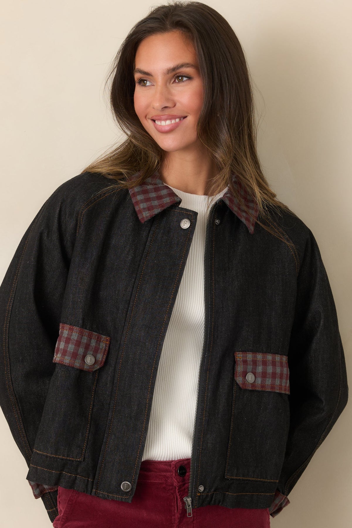 FRNCH Honshu Night Blue Gingham Contrast Denim Jacket