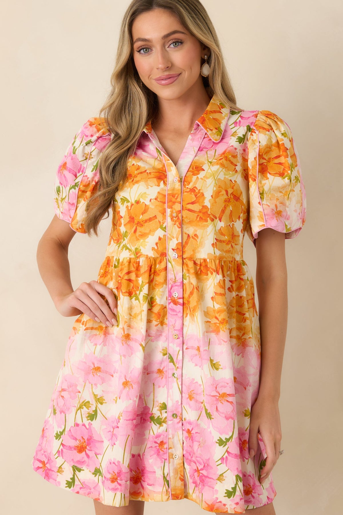 Pick Me, Please Orange & Pink Floral Cotton Puff Sleeve Mini Dress