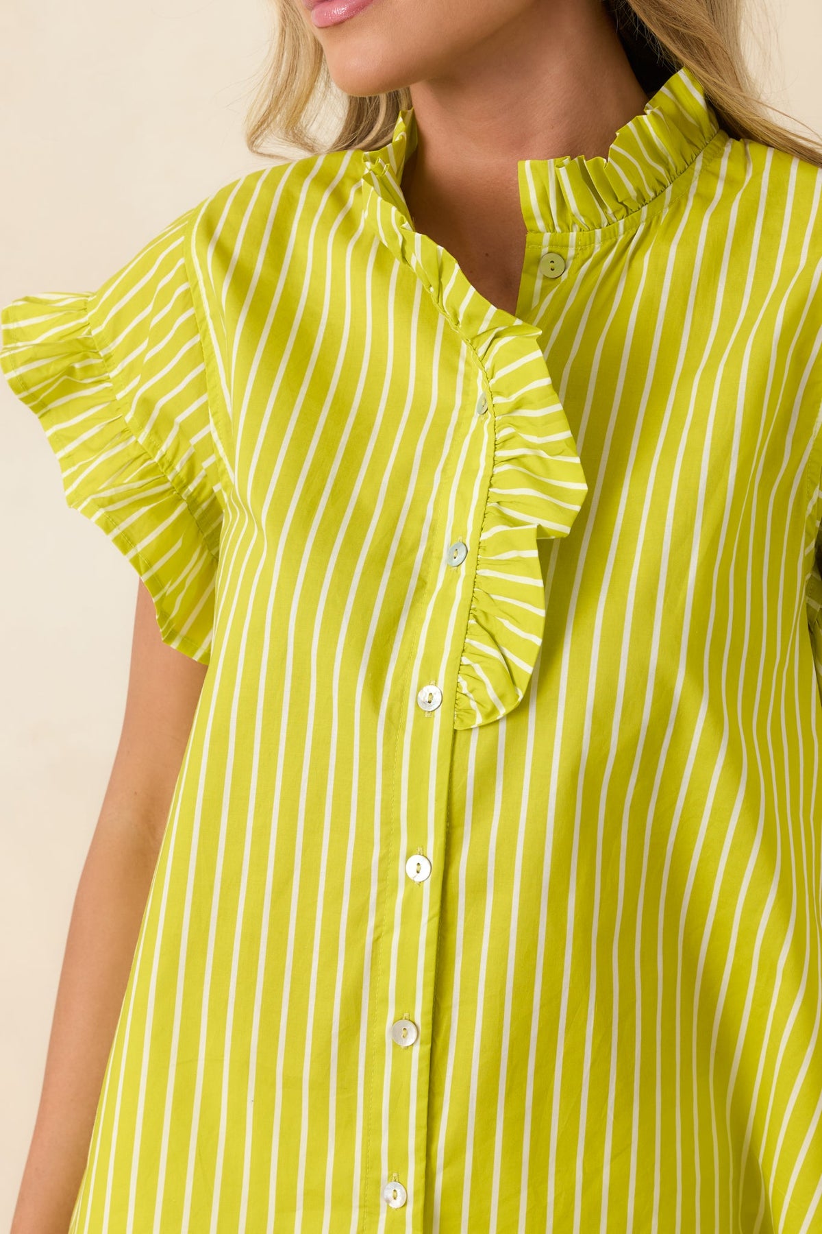 Say Less Chartreuse Stripe Cotton Ruffle Trim Blouse