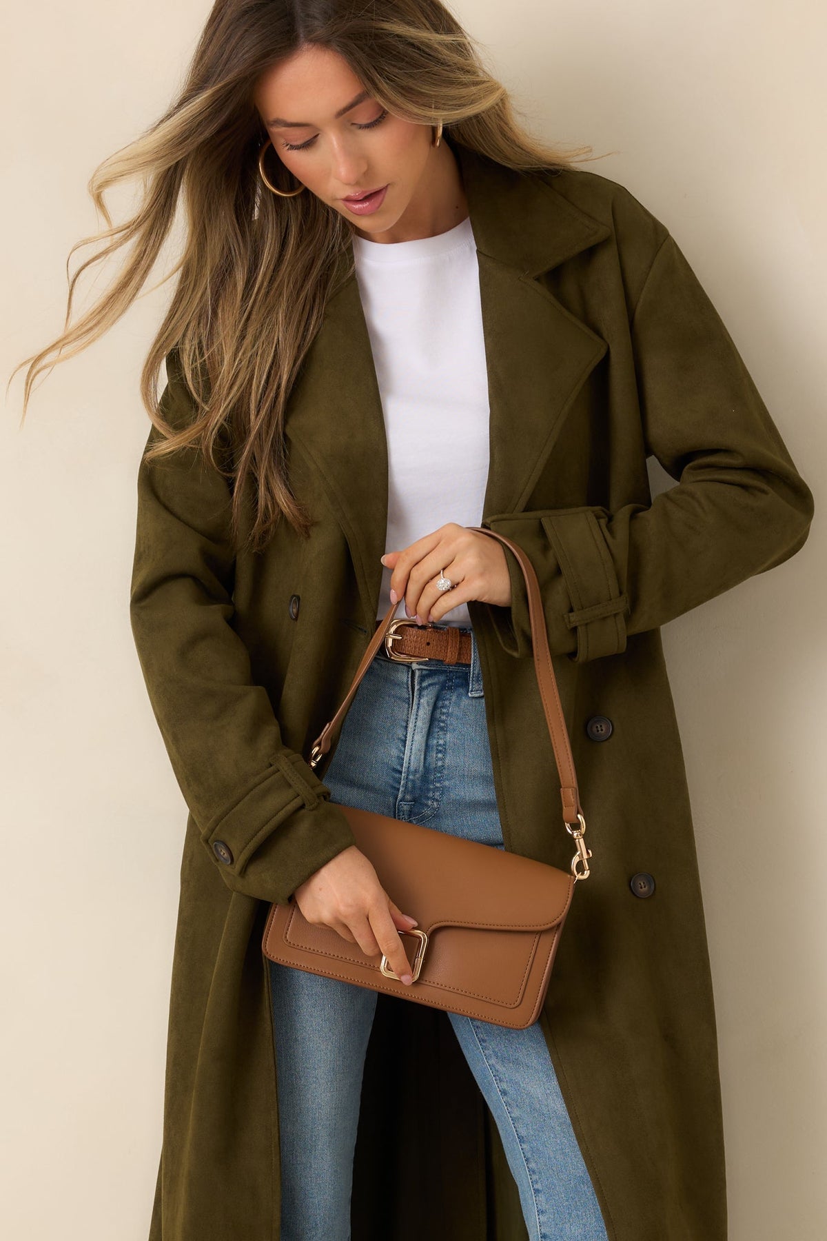 An Air of Intrigue Olive Green Faux Suede Trench Coat