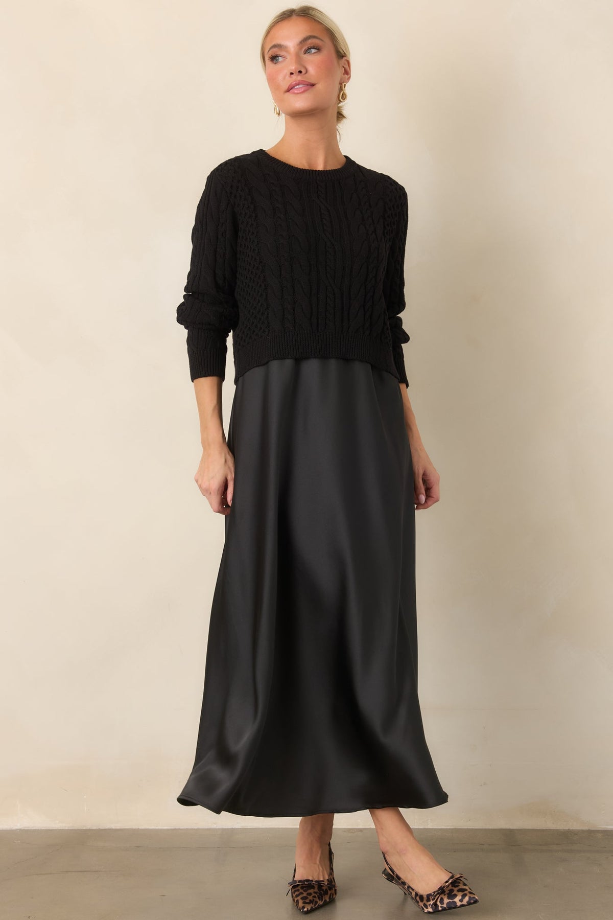 The Perfect Pairing Black Cable Knit Sweater & Satin Maxi Dress Set
