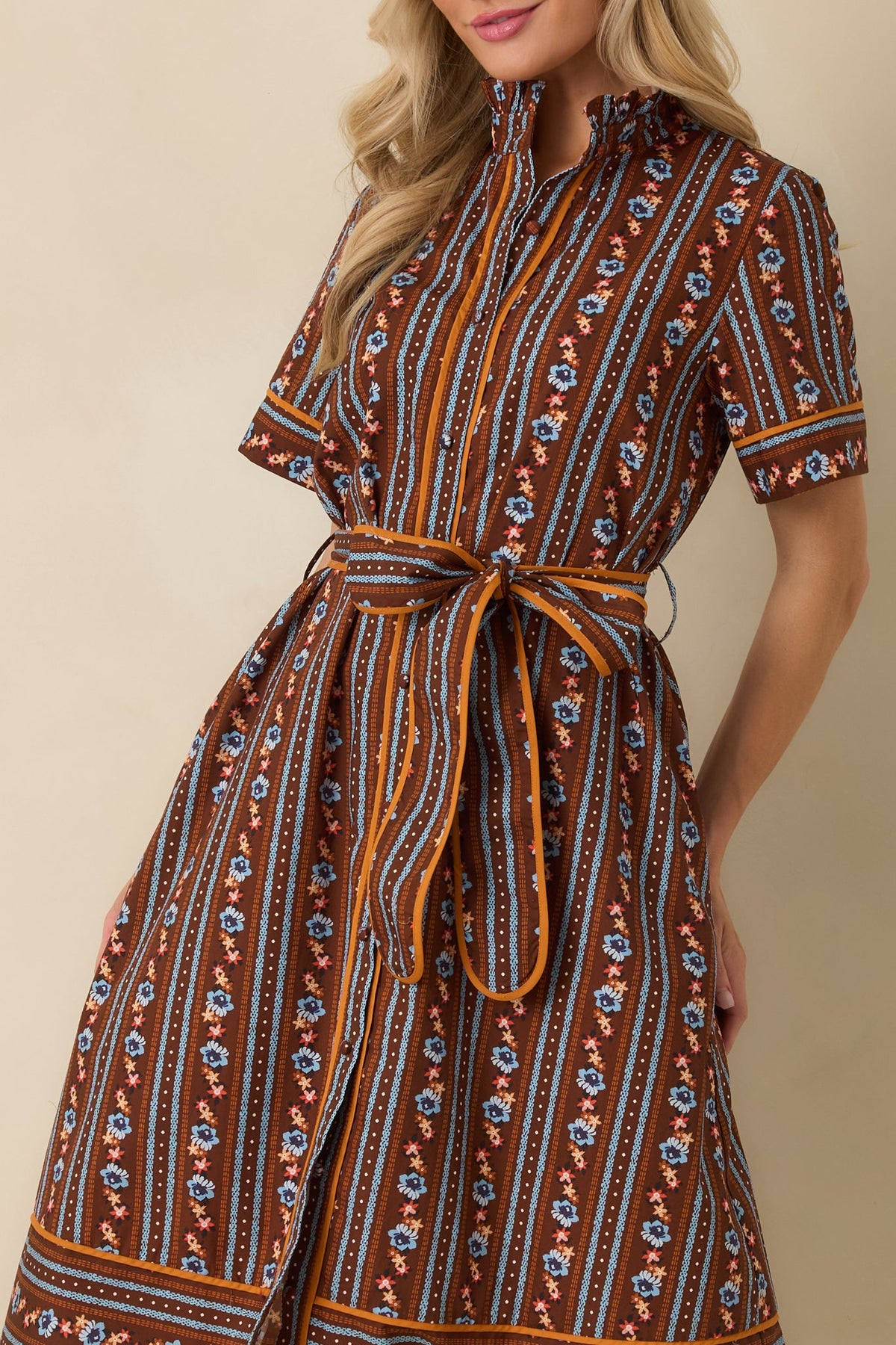 Prosperina Whitaker Brown Multi Floral Stripe Cotton Midi Dress