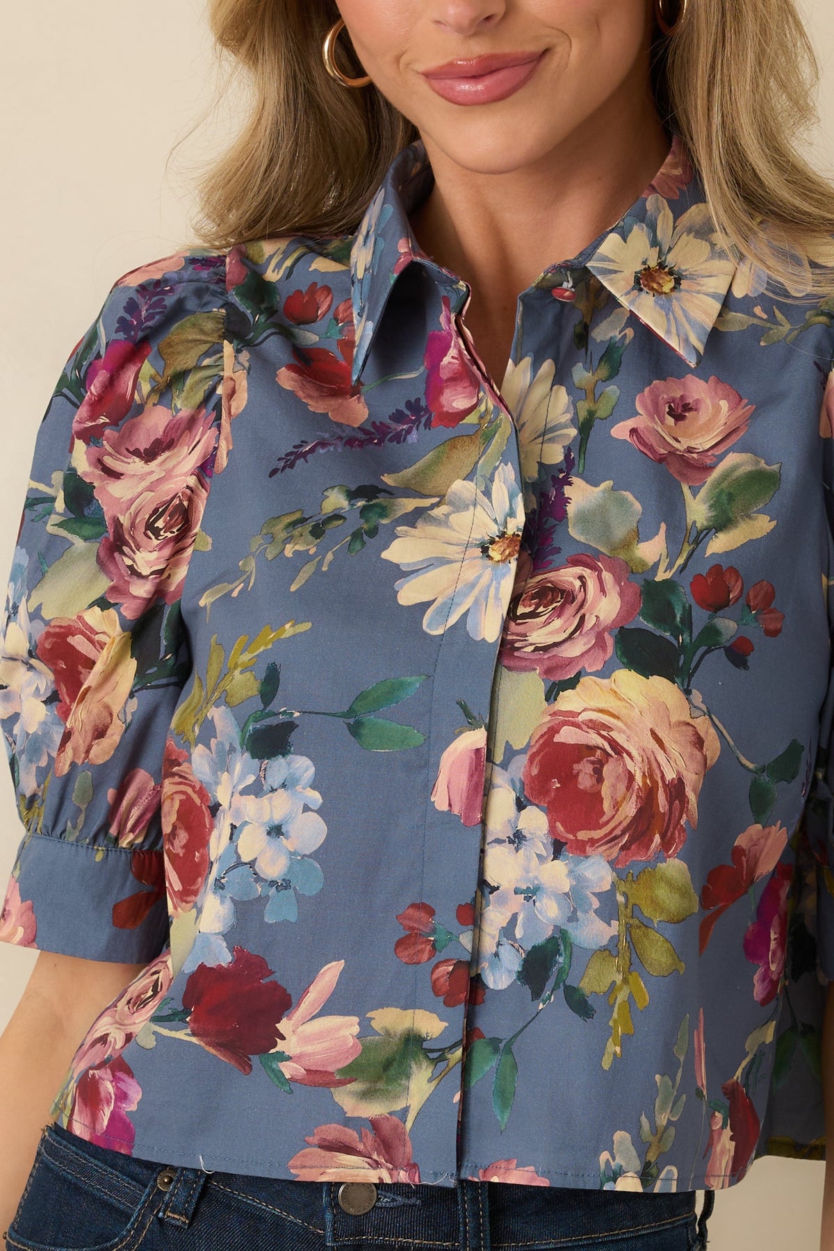 Prosperina Keelie Dusty Blue Floral Cotton Blouse