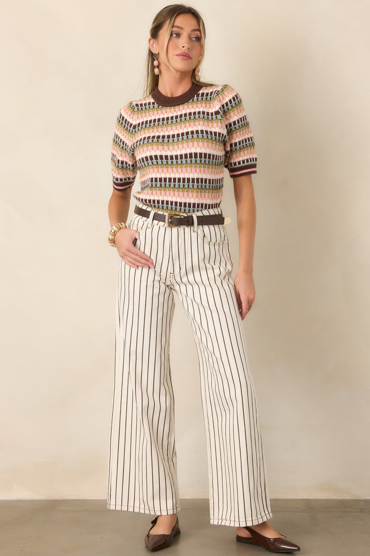 Making the Grade Brown Multi Short Sleeve Knit Sweater