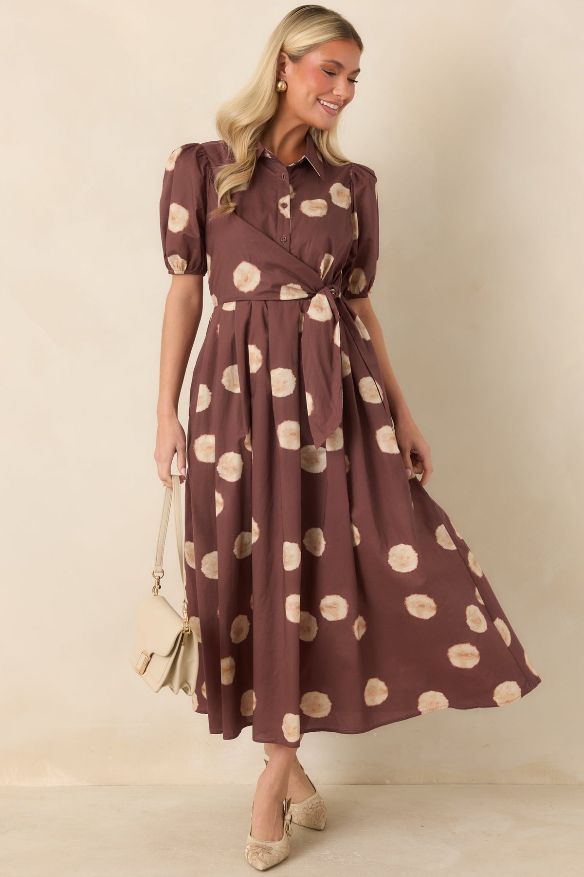 Gather Around Rust Brown Dot Print Cotton Midi Dress