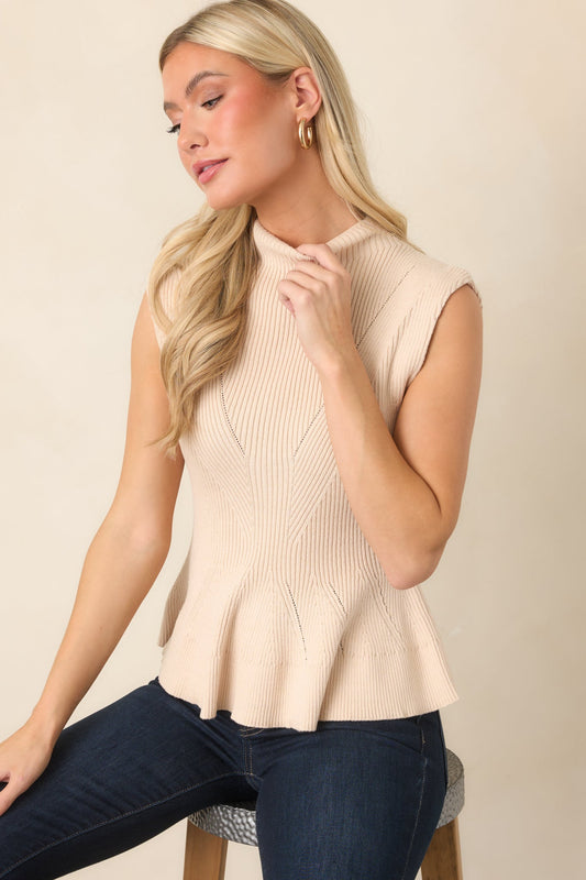 Flare For Style Ecru Ribbed Knit Mock Neck Peplum Sweater Top