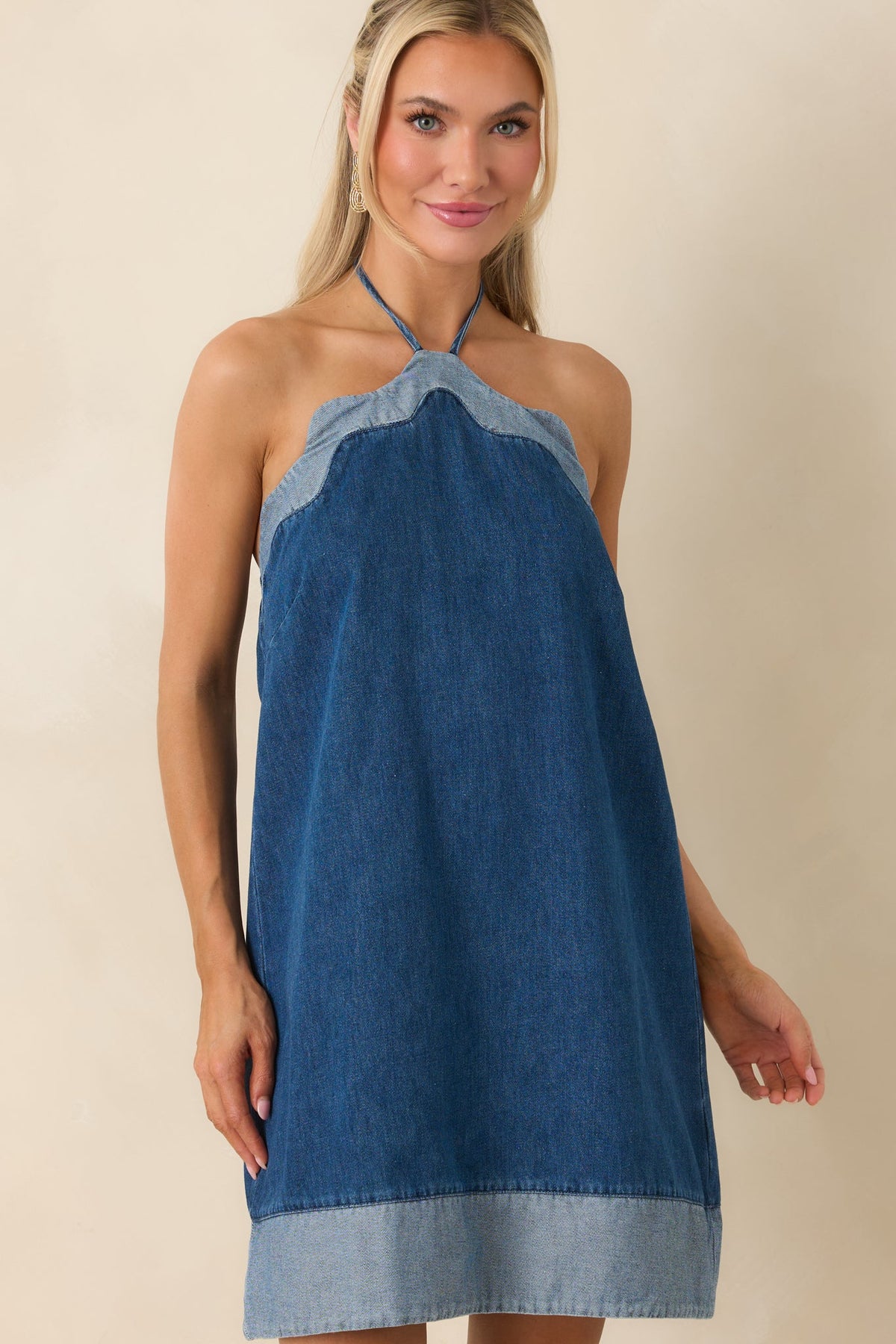 Off the Edge Light Indigo Cotton Denim Halter Mini Dress