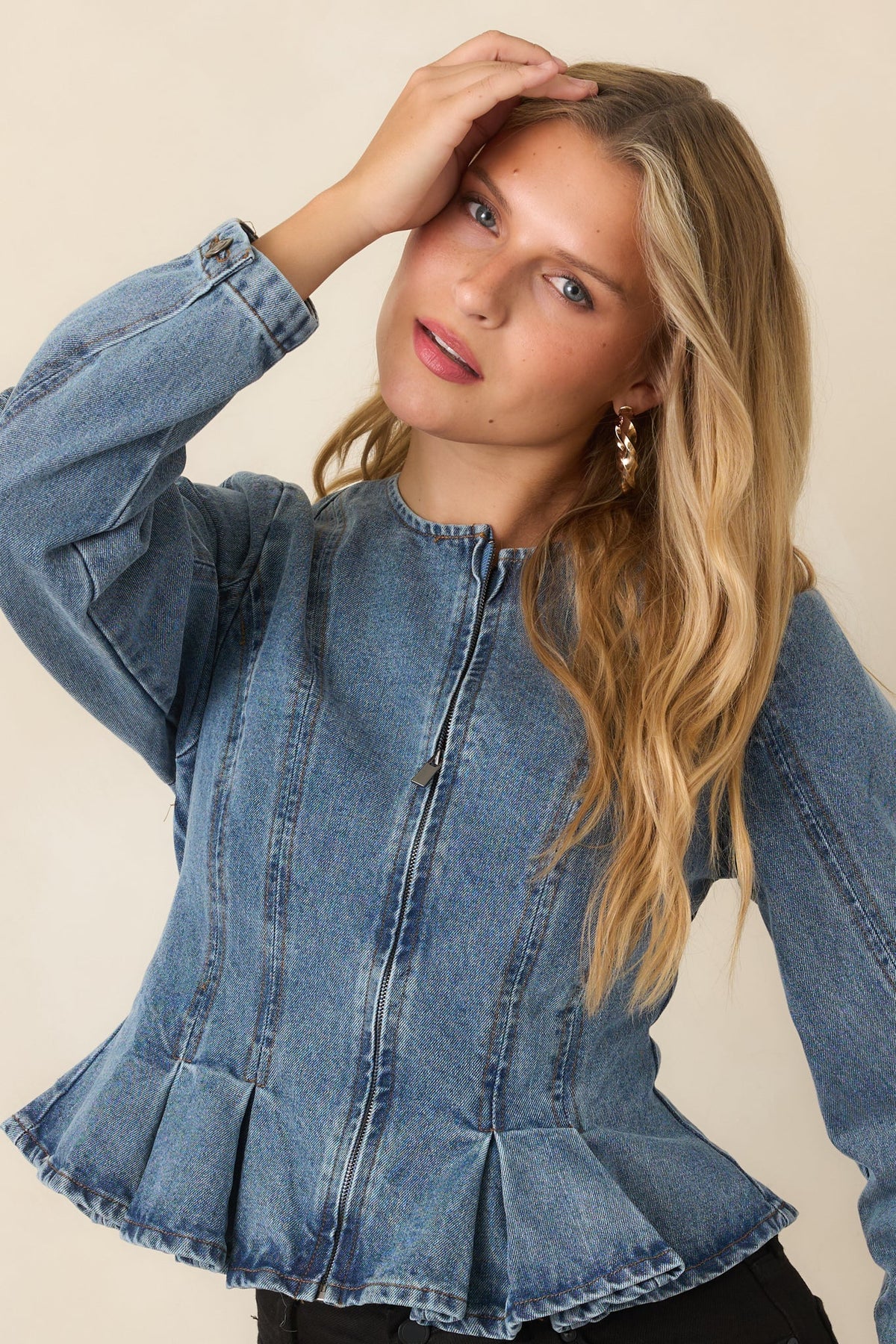 Perfectly Contoured Medium Wash Denim Peplum Jacket