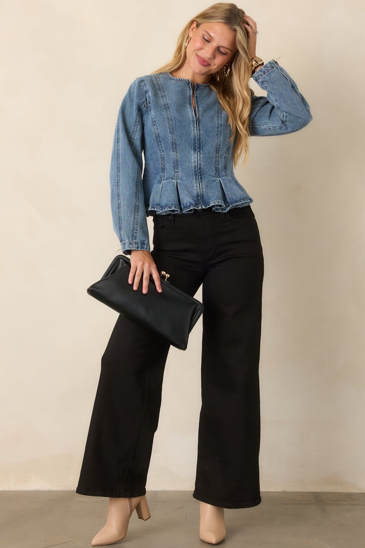 Perfectly Contoured Medium Wash Denim Peplum Jacket