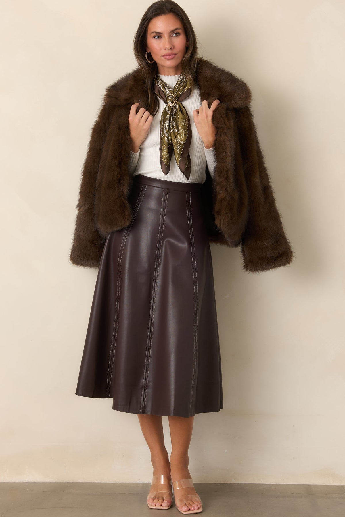 Astrid Wrangler Brown Faux Leather Midi Skirt