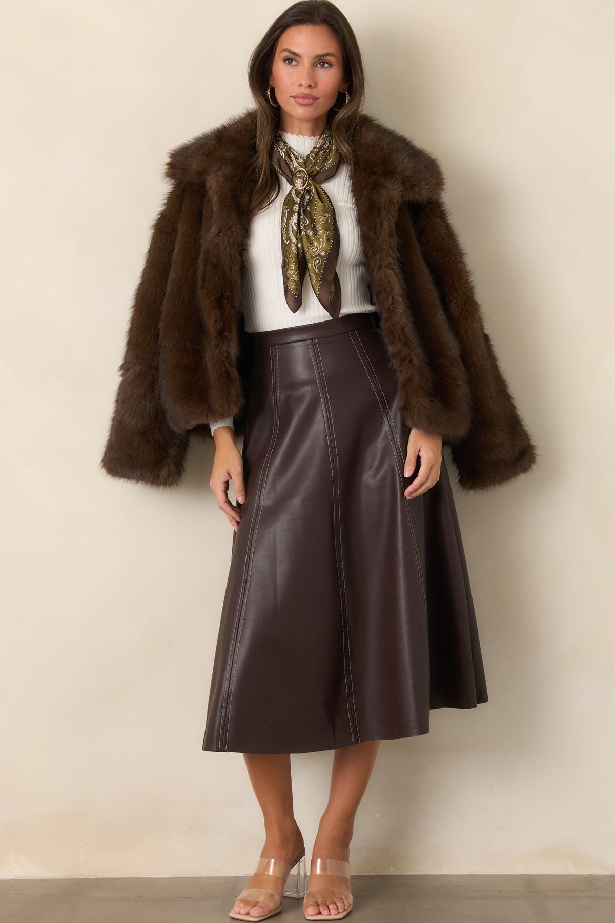 Astrid Wrangler Brown Faux Leather Midi Skirt