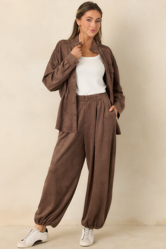 At My Own Pace Taupe Brown Faux Suede Balloon Pants