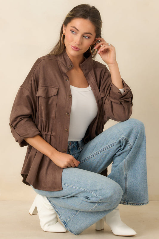 At My Own Pace Taupe Brown Faux Suede Drawstring Waist Shirt Jacket
