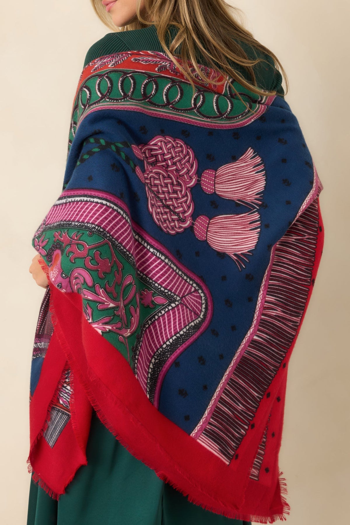 A Story Worth Sharing Red Multi Rope & Tassel Print Fringe Shawl