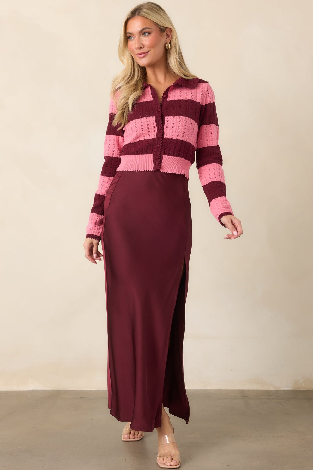 MINKPINK Lourdes Wine & Pink Stripe Cotton Pointelle Cardigan