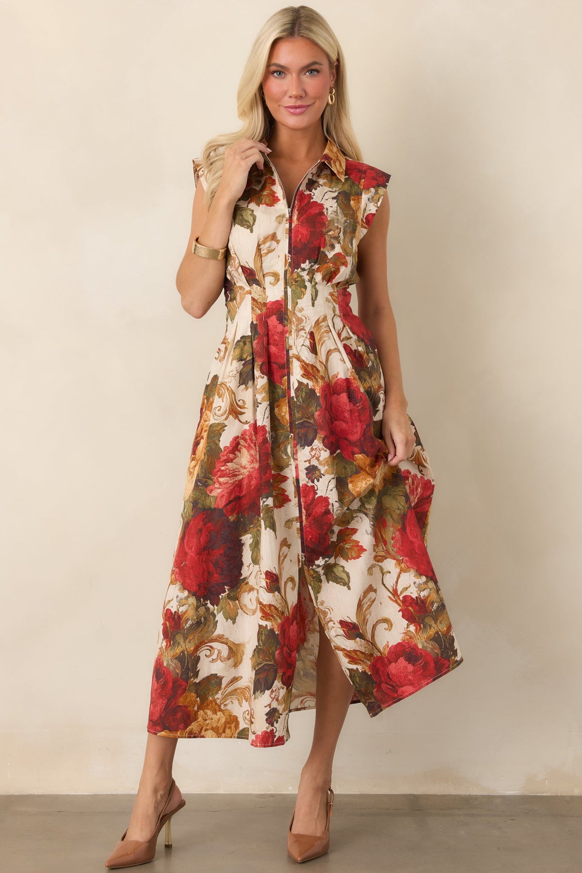 Garden Whispers Ivory & Red Floral Cotton Zip Front Midi Dress