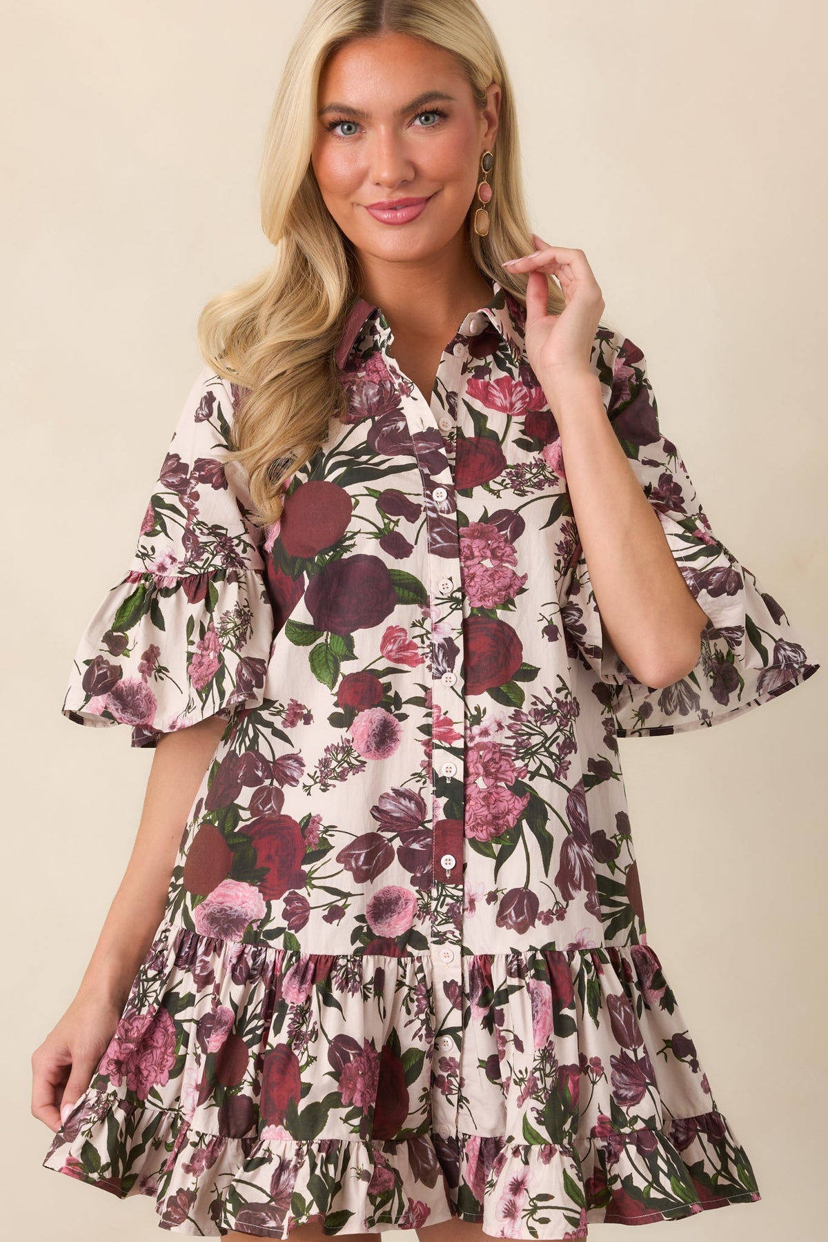 En Saison Miranda Ivory & Burgundy Floral Cotton Mini Dress