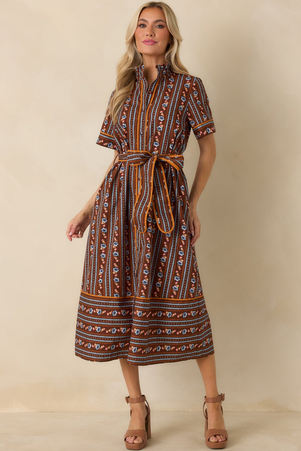 Prosperina Whitaker Brown Multi Floral Stripe Cotton Midi Dress