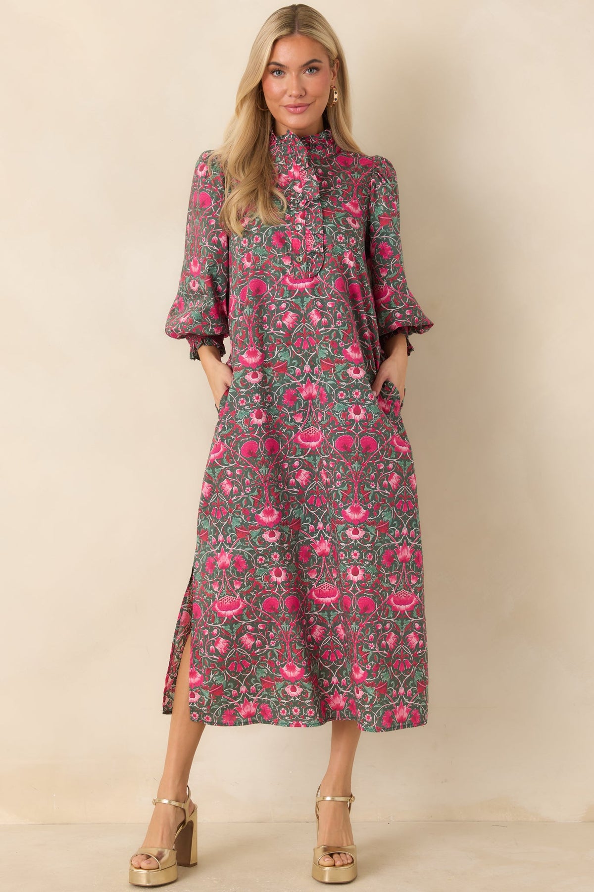 Lovely to See You Pink & Green Floral Cotton Midi Dress