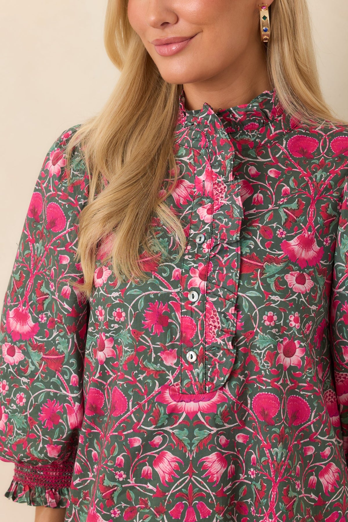Lovely to See You Pink & Green Floral Cotton Midi Dress