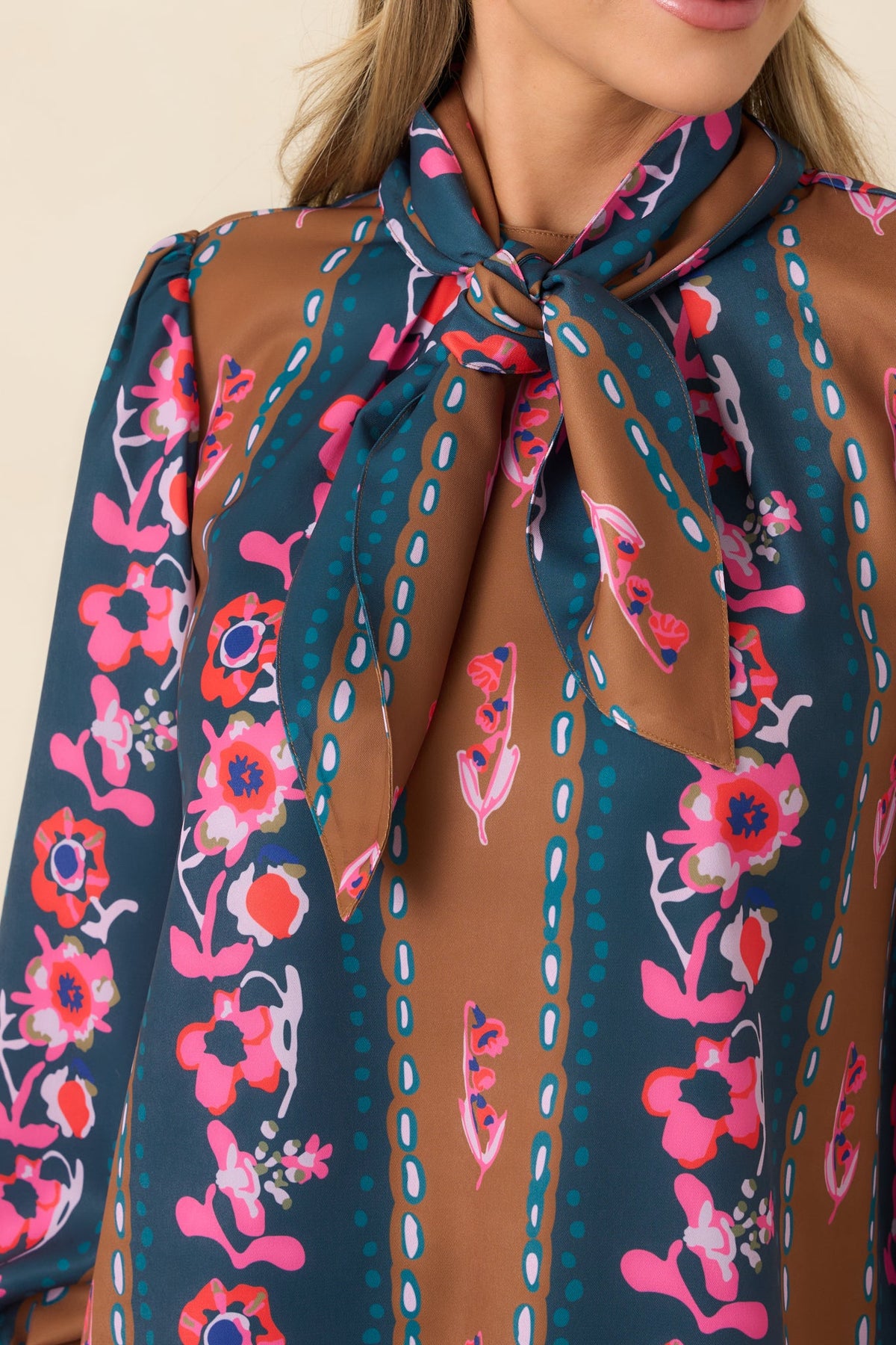 CROSBY Estelle Multi Floral Stripe Tie Neck Blouse