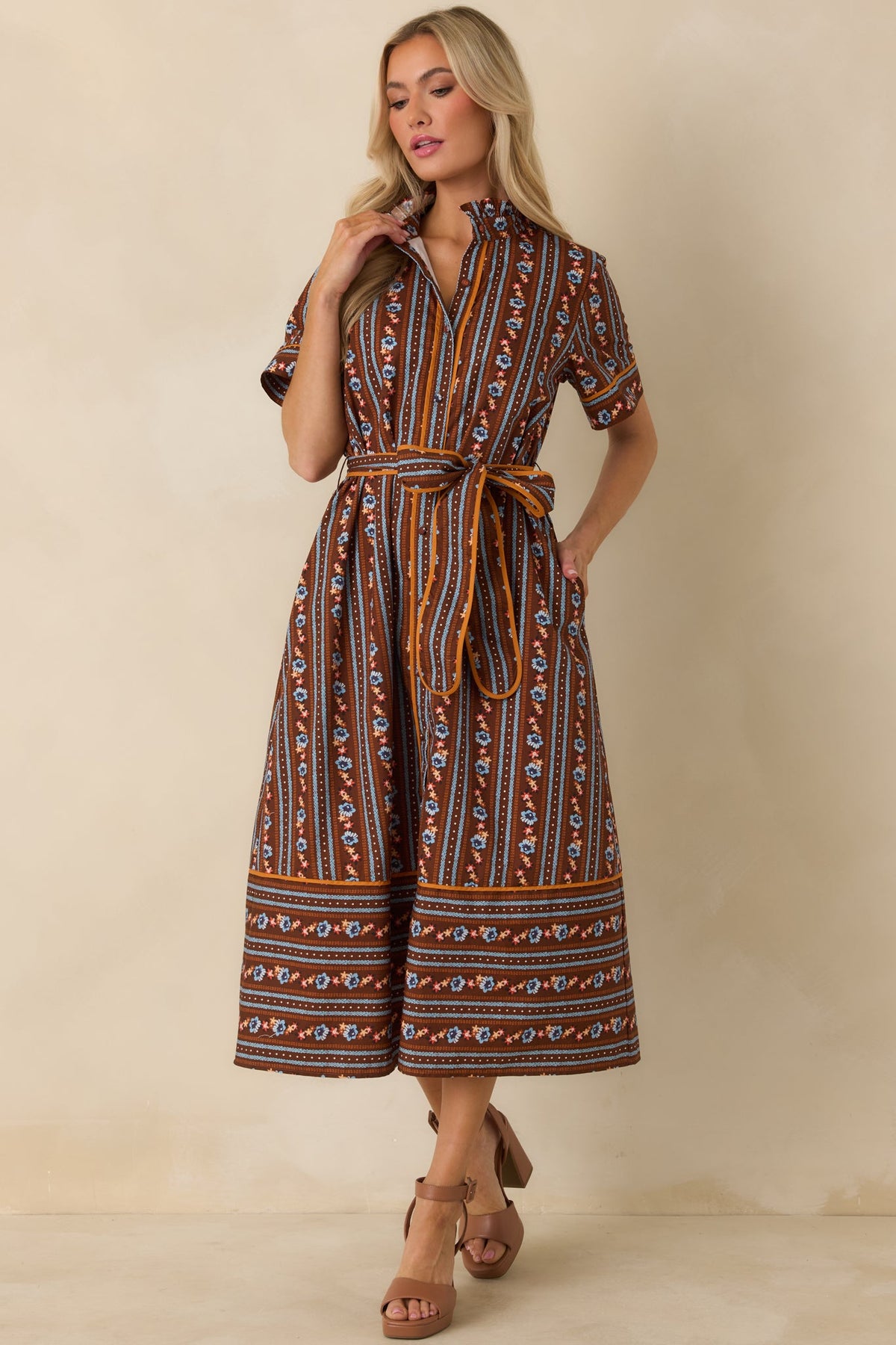 Prosperina Whitaker Brown Multi Floral Stripe Cotton Midi Dress