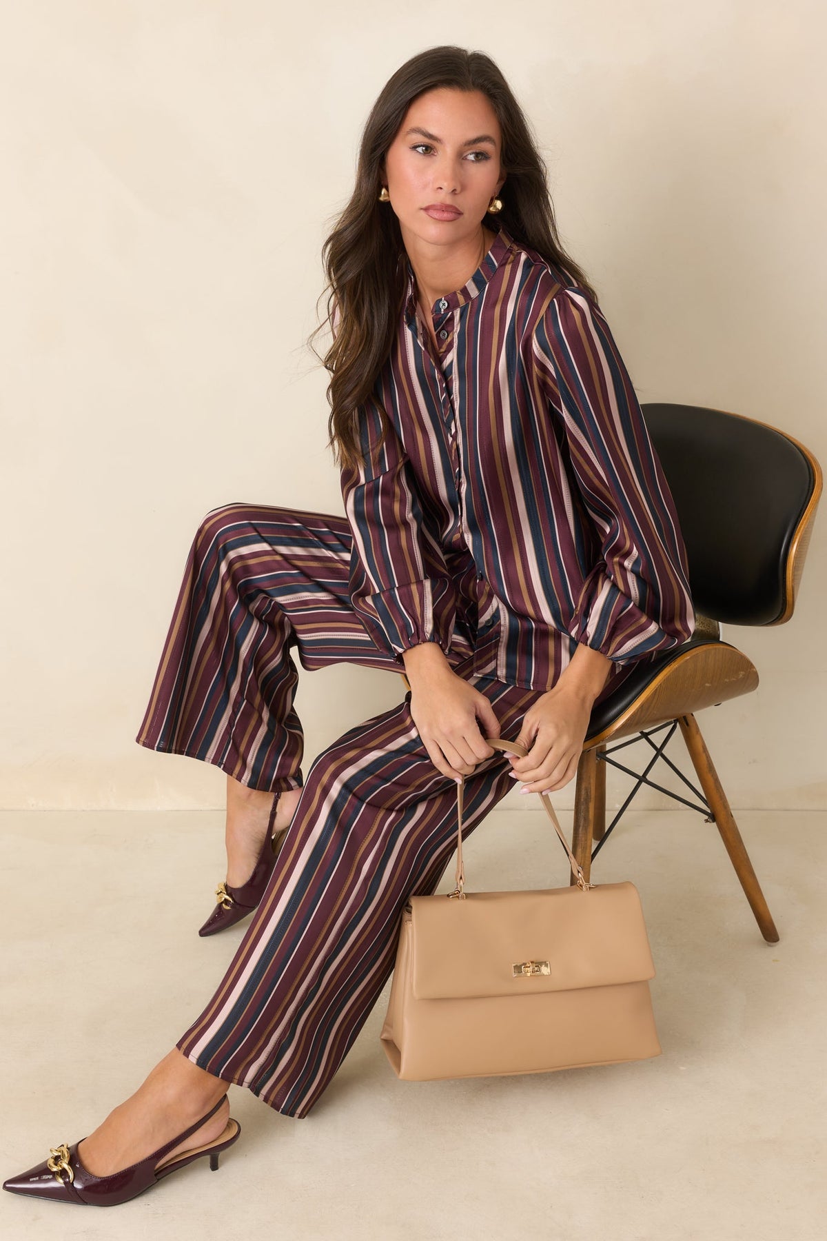 We’re on the Same Page Burgundy Purple Multi Stripe Satin Wide Leg Pants