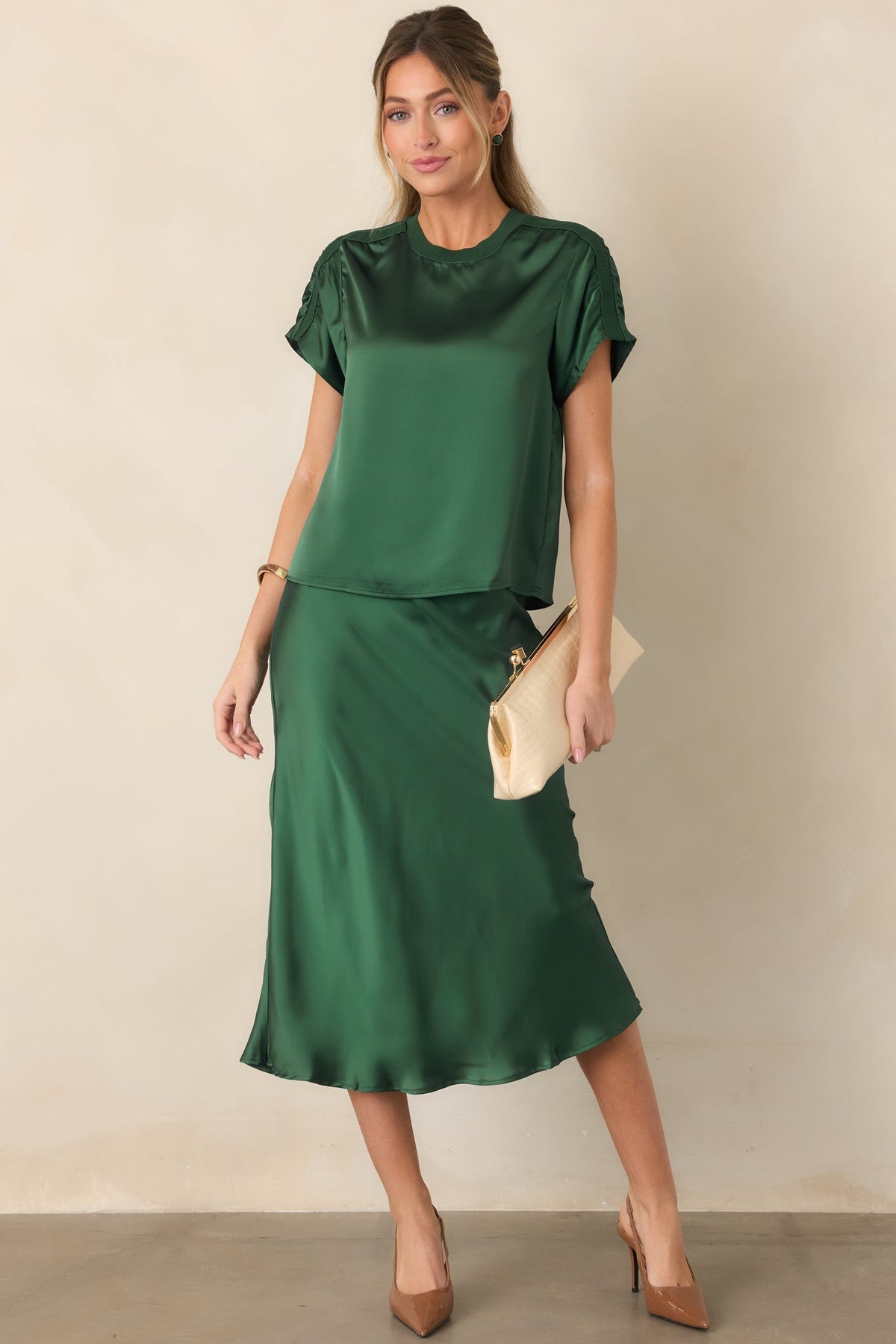 Vibe Check Emerald Green Satin Midi Skirt