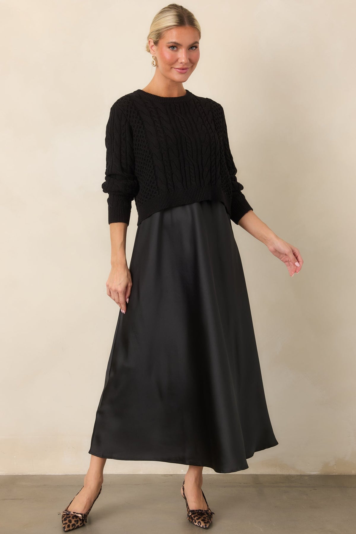 The Perfect Pairing Black Cable Knit Sweater & Satin Maxi Dress Set