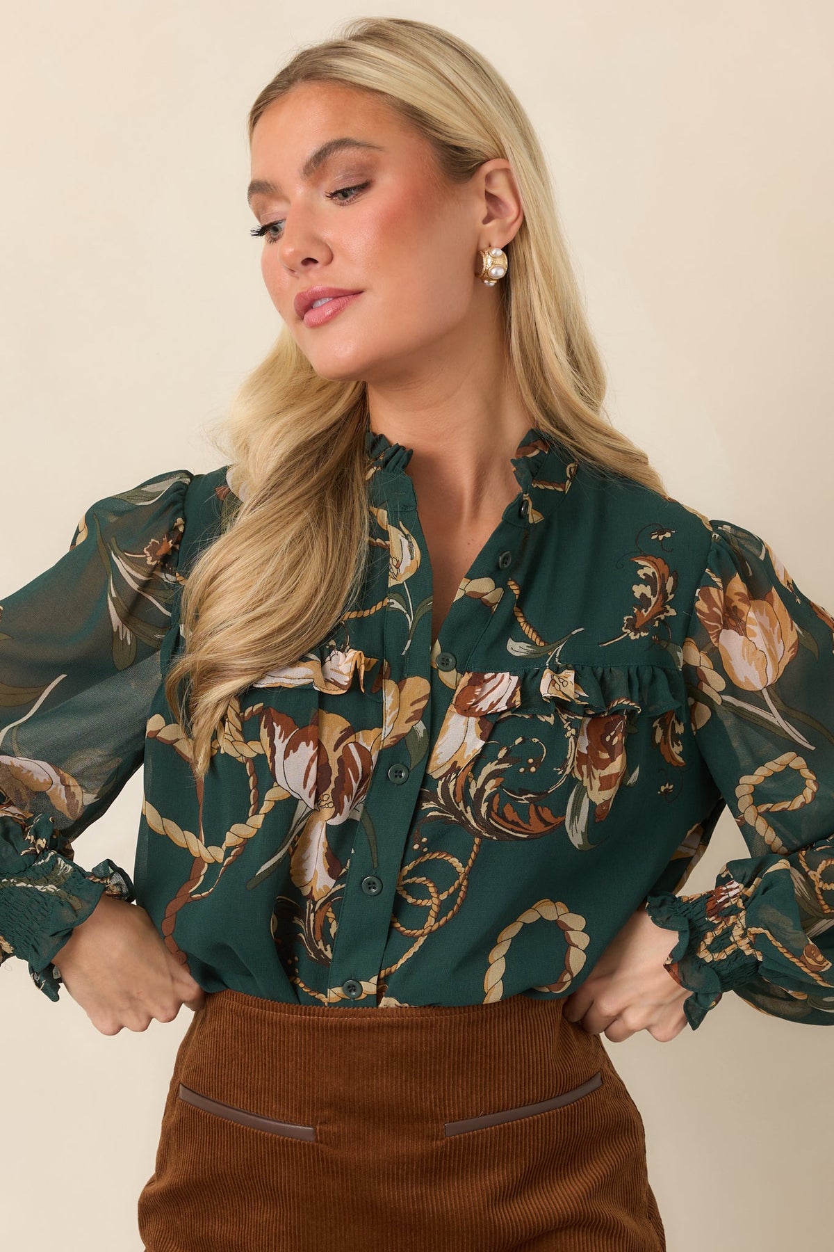 Out at the Estate Forest Green Floral Rope Print Ruffle Blouse