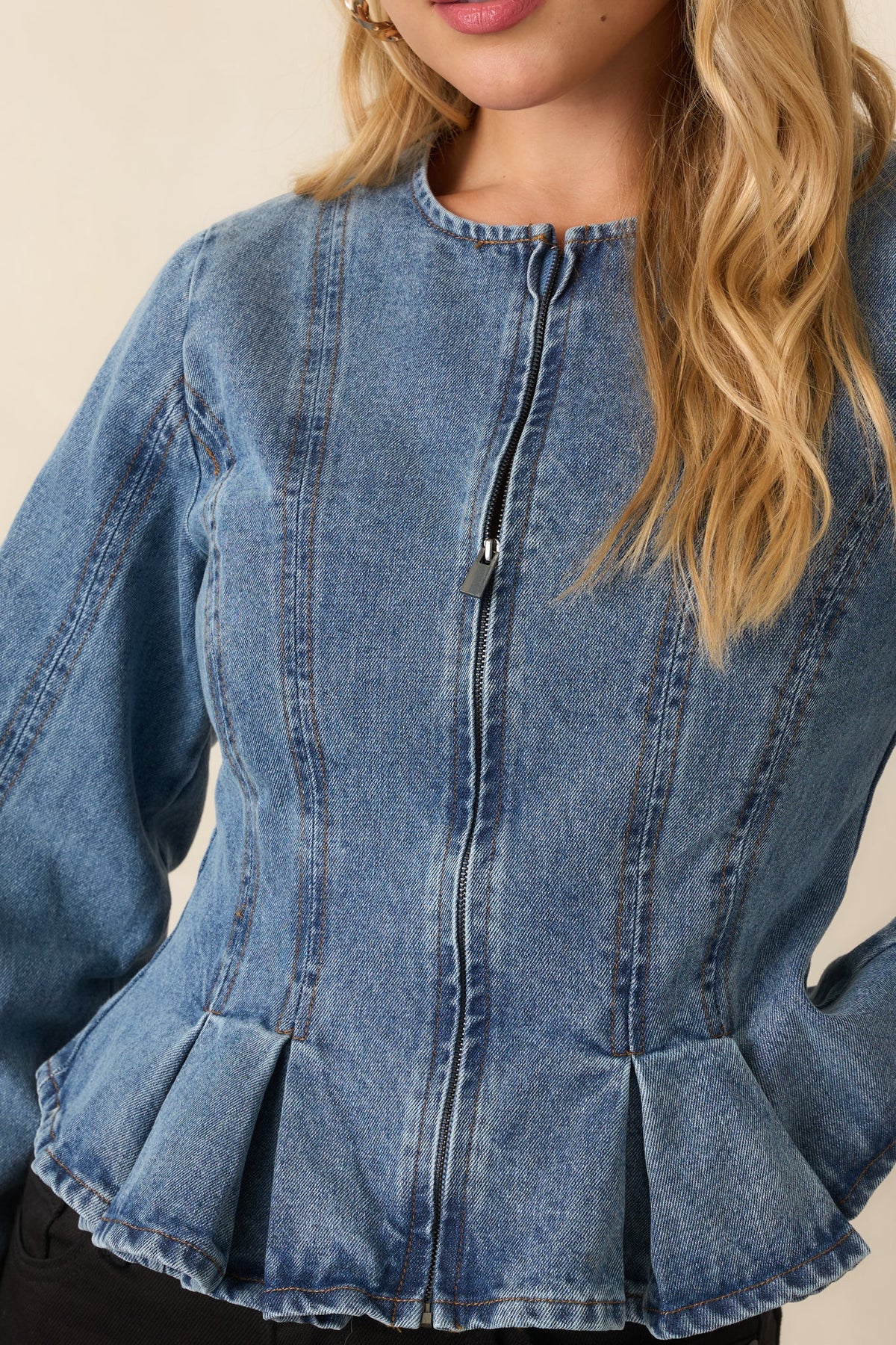 Perfectly Contoured Medium Wash Denim Peplum Jacket