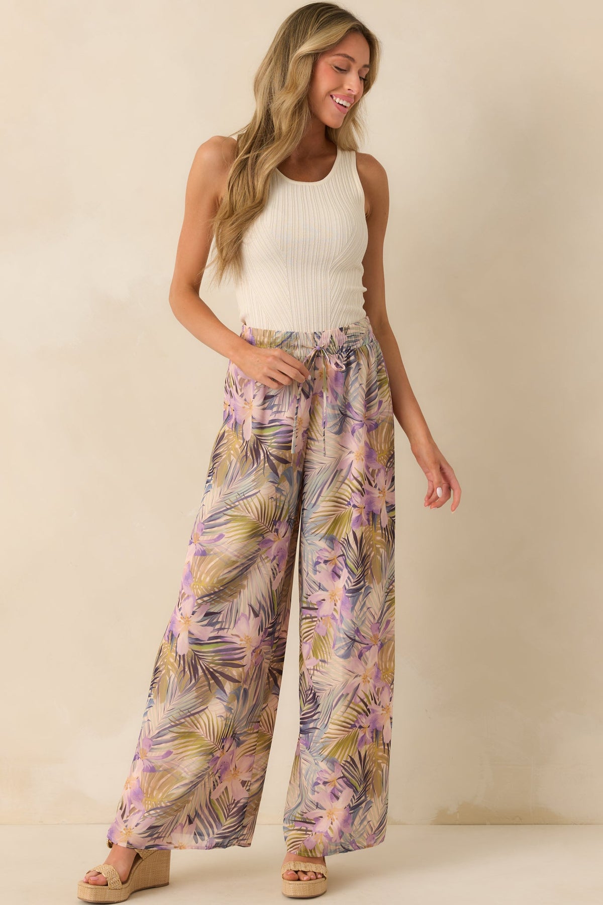 Sunlight All Around Light Pink Tropical Print Wide Leg Pants