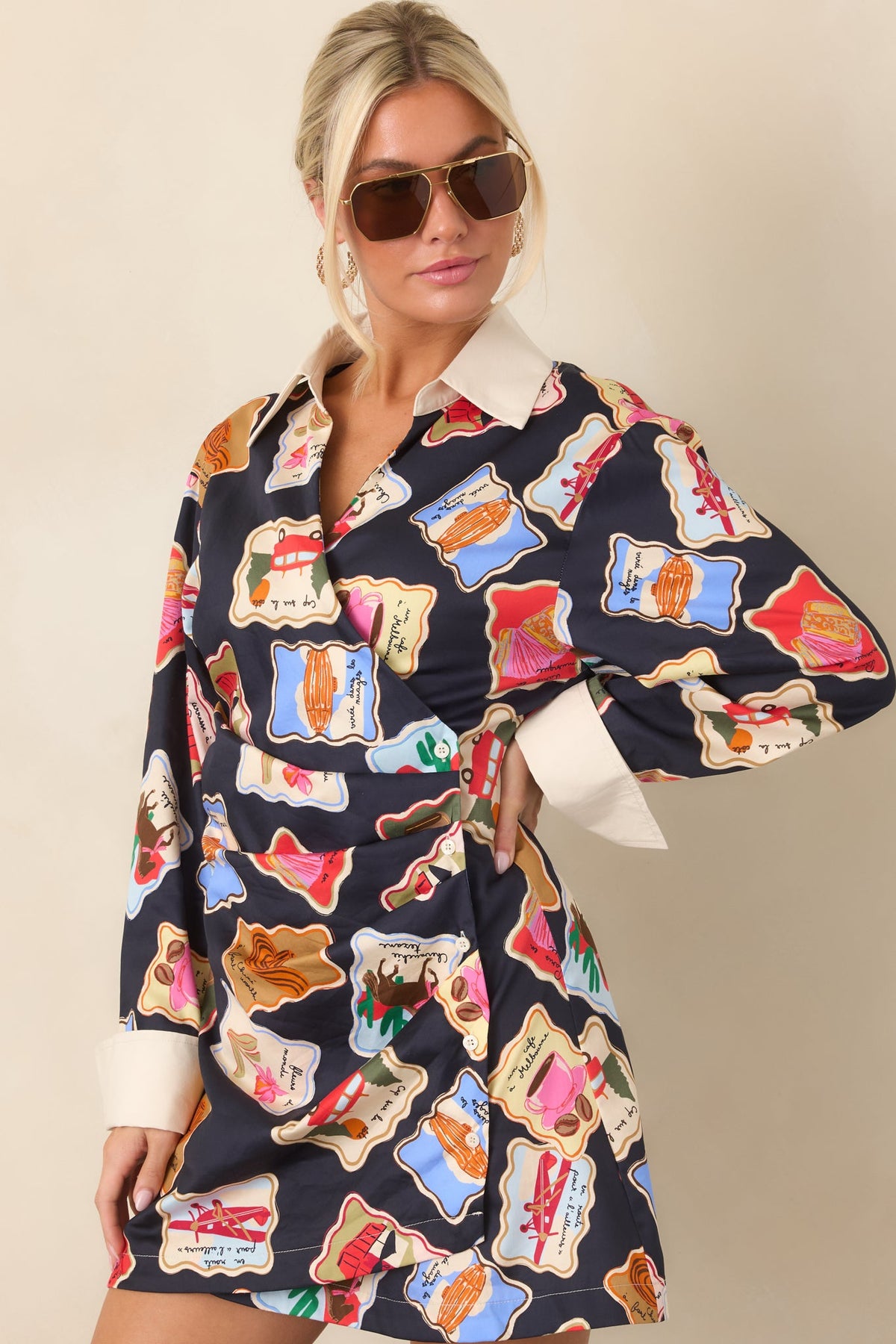 FRNCH Whitby Midnight Blue Multi Stamp Wrap Front Mini Shirt Dress