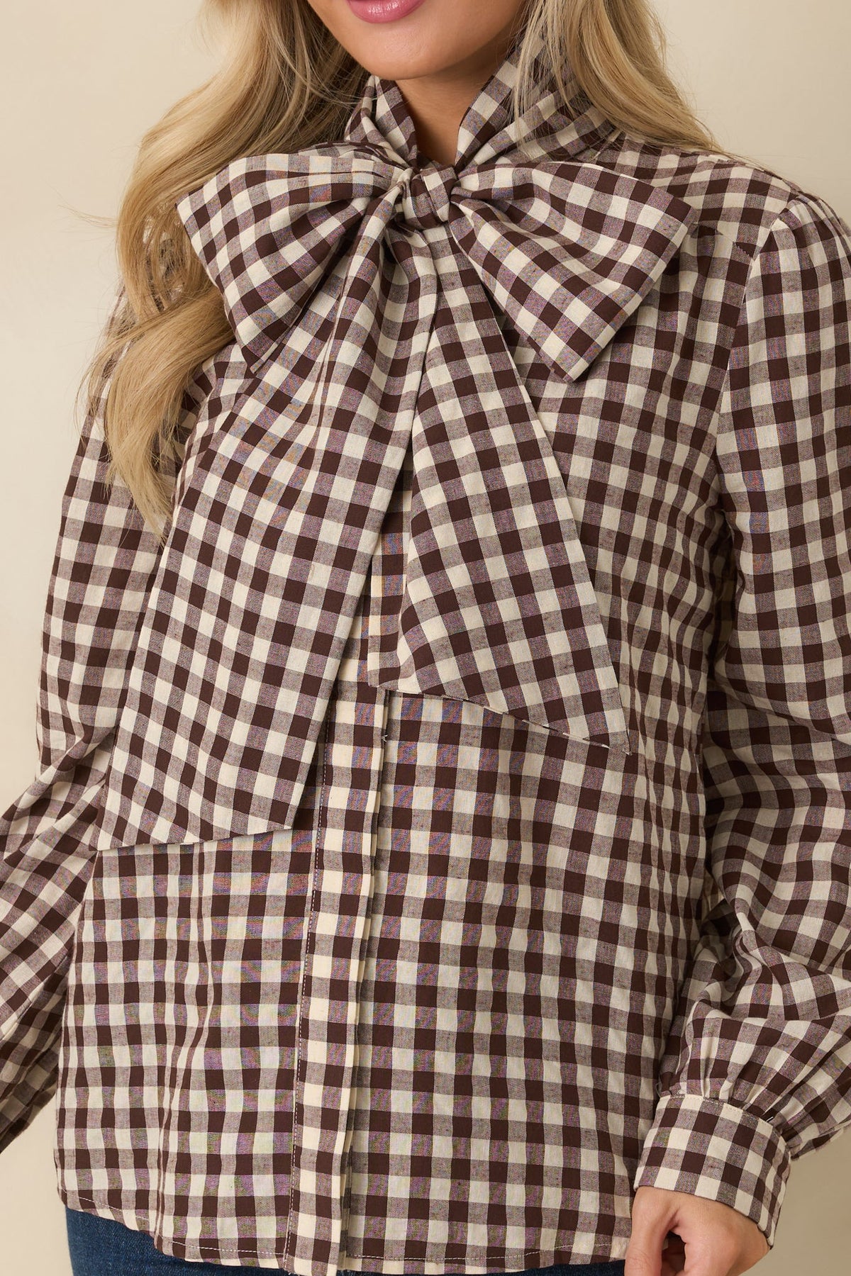 Prosperina Parker Chocolate Brown Gingham Tie Neck Blouse