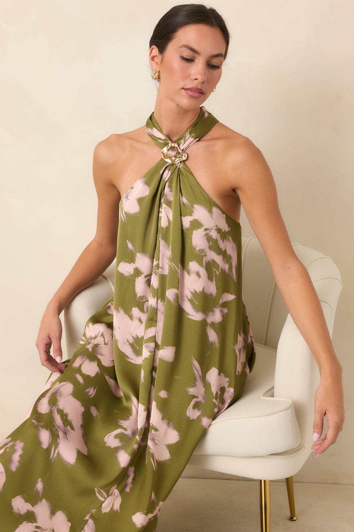 The Feeling Is Mutual Olive & Blush Floral Halter Maxi Dress