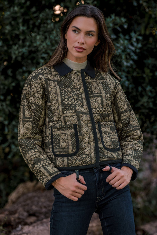 Consider It Covered Moss Green & Ivory Paisley Quilted Jacket