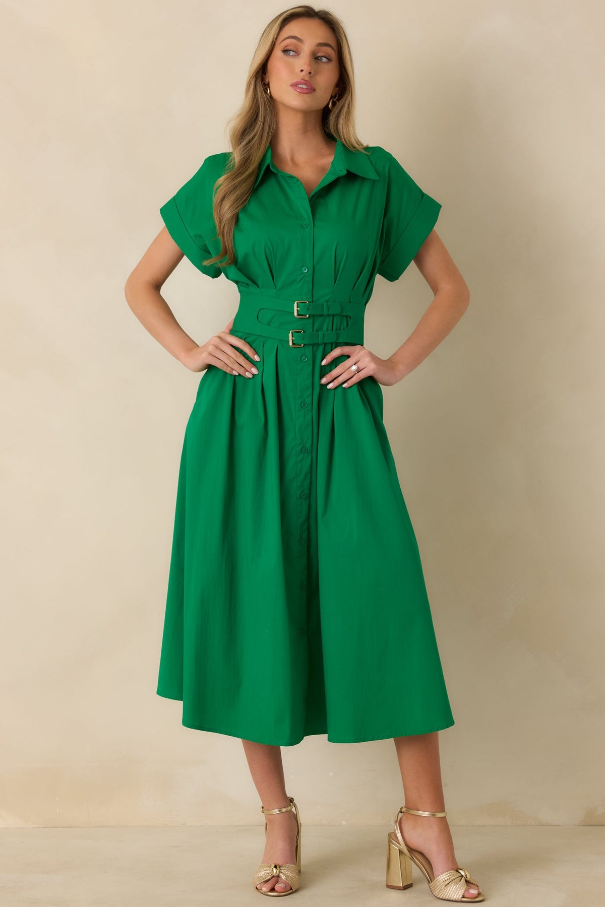 Right Where You’re Meant to Be Green Belted Button Front Midi Dress