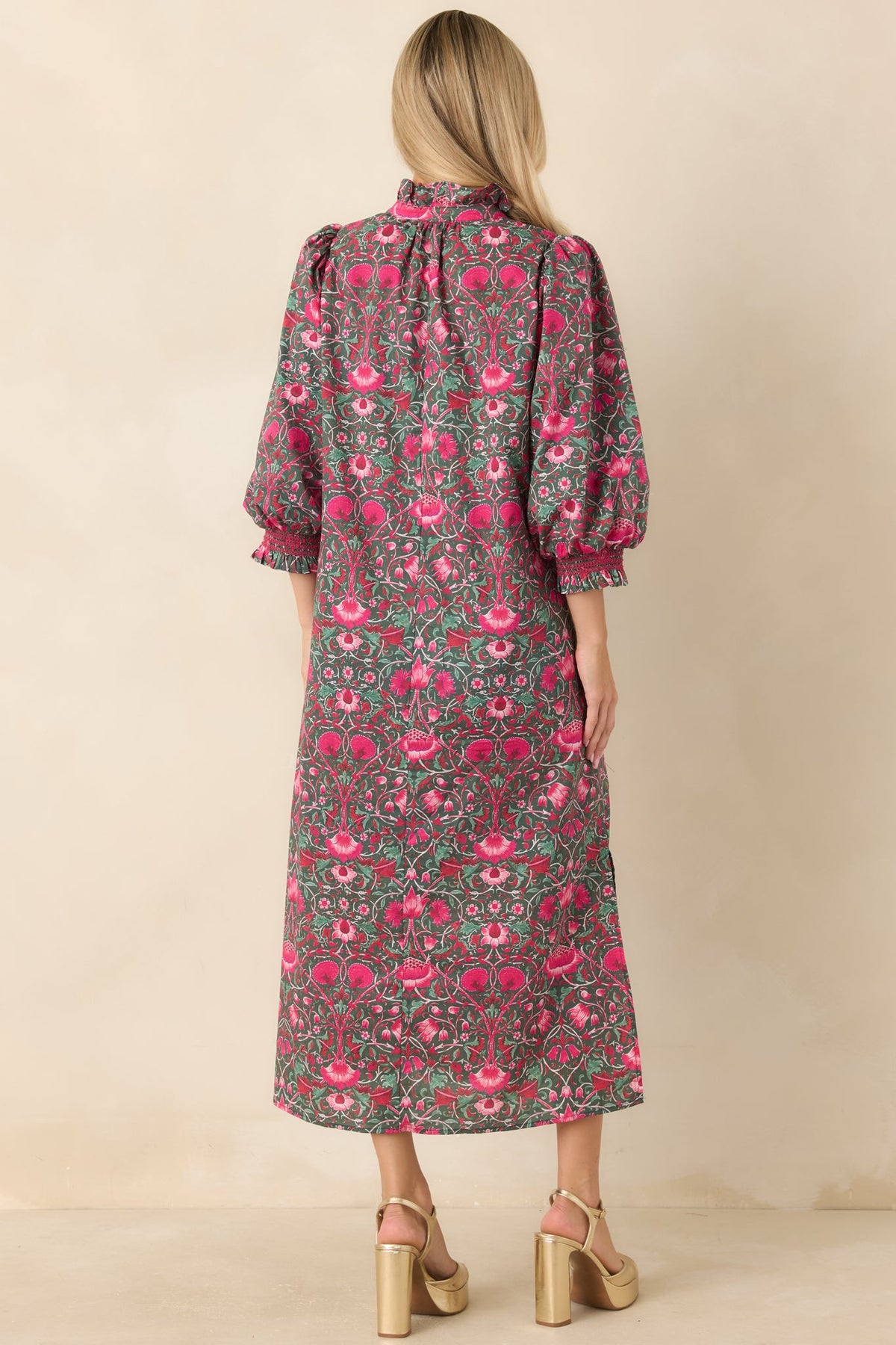 Lovely to See You Pink & Green Floral Cotton Midi Dress
