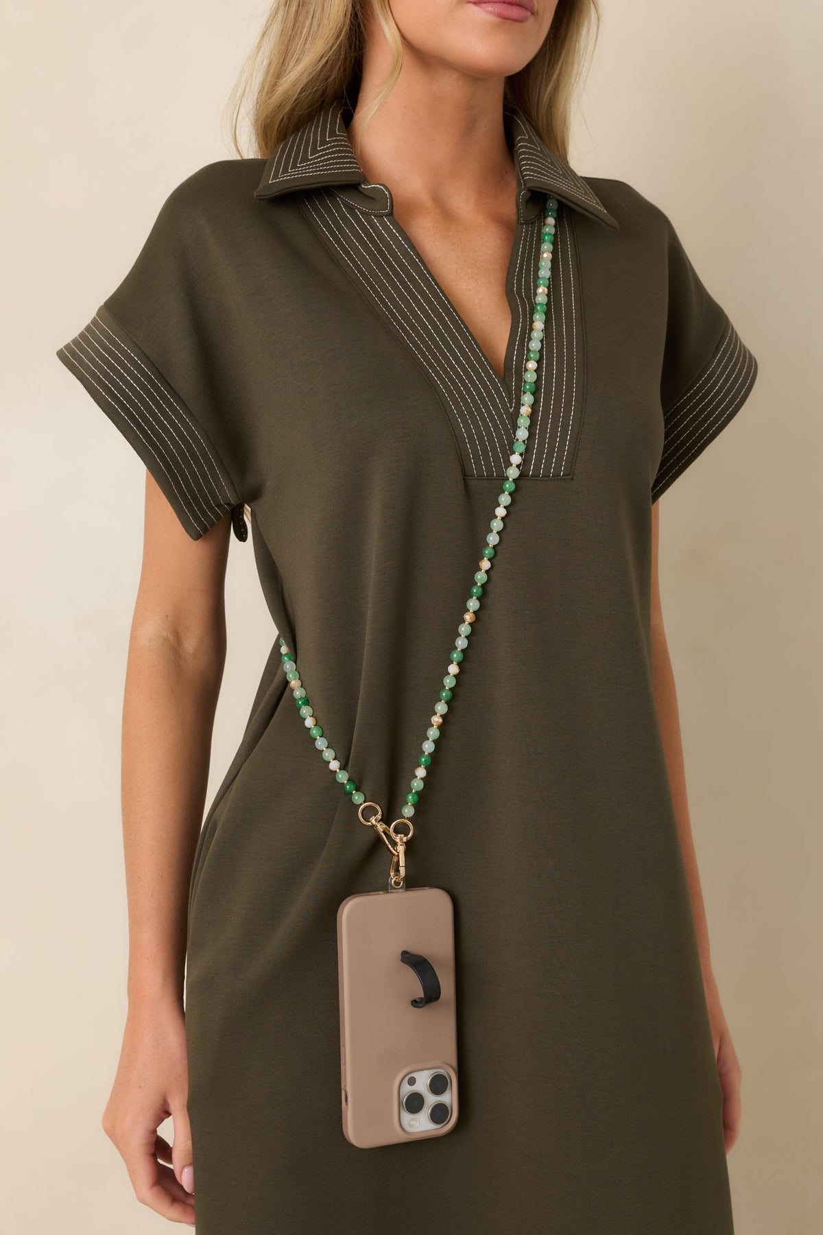Pretty Connected Green Beaded Phone Lanyard