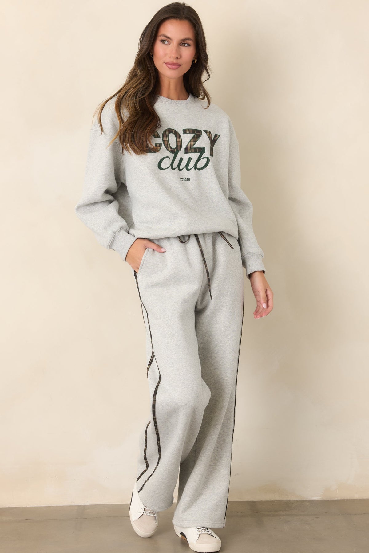 Cozy Club Heather Grey Plaid Stripe Sweatpants